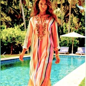 Soft Surroundings Pink Mint And Orange Striped Beaded Gauzy Caftan Size L NEW